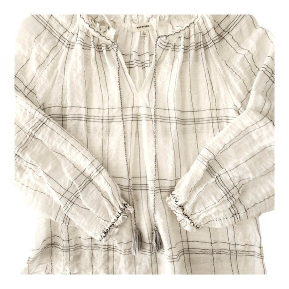 Max Studio White & Black Plaid Long Sleeve Loose Fit Blouse Size L - Picture 7 of 7